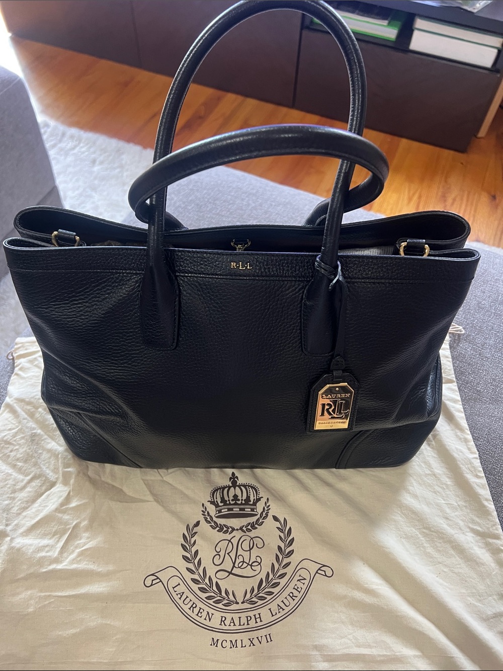 Lauren Ralph Lauren Black Pebbled Leather Satchel Tote